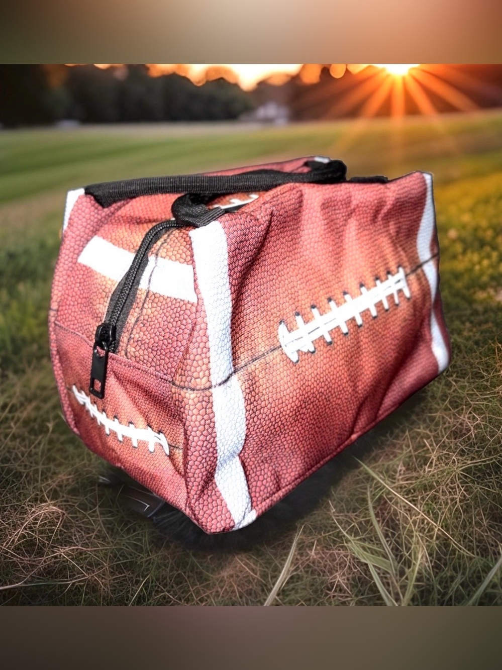 Football Print Insulated Lunch Bag Brown Sports Tailgate Cooler Zippered Case